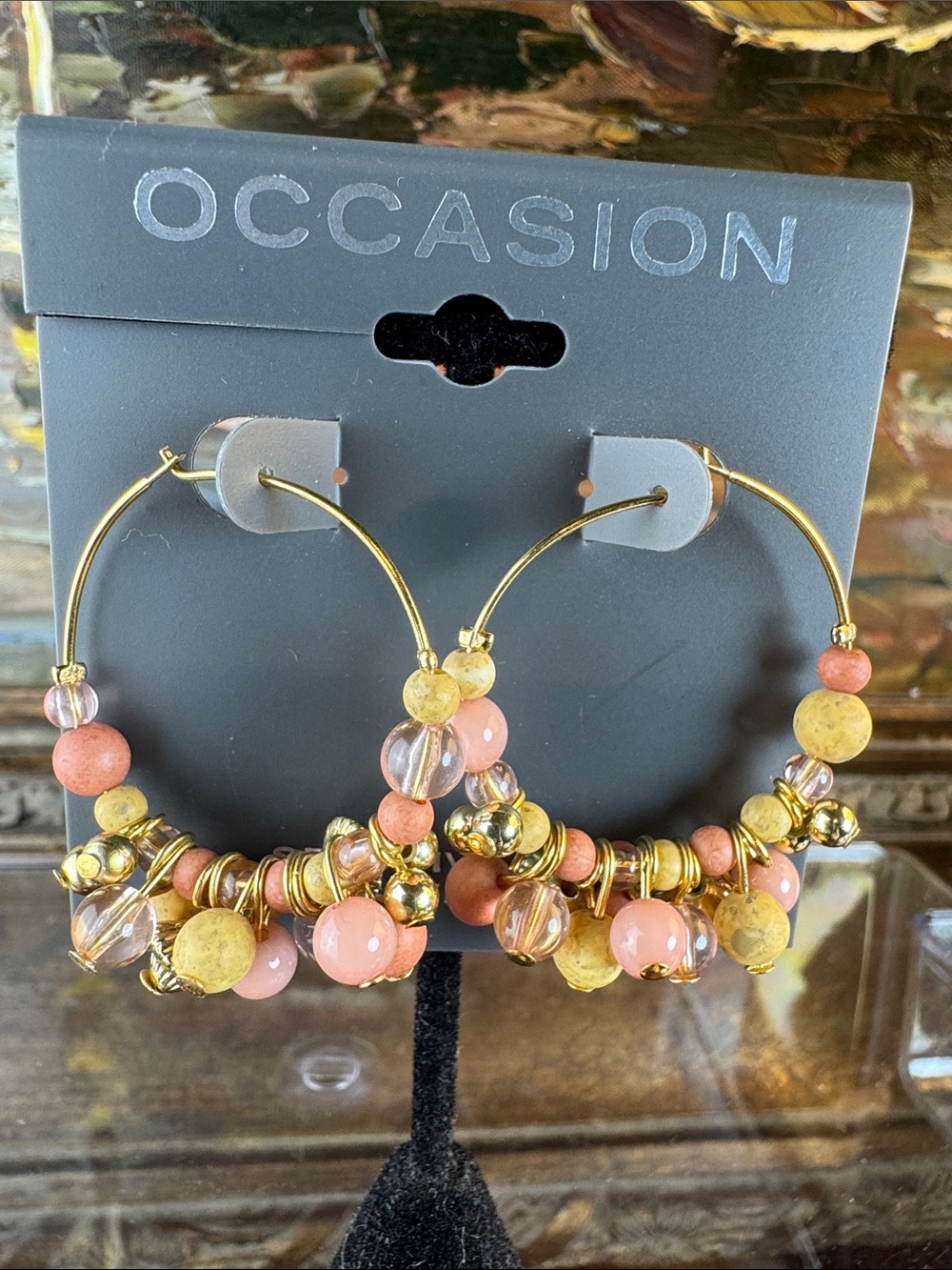 0469-Occasion Gold Hoop Earrings with Pink and Yellow Beads and Crystal Accents